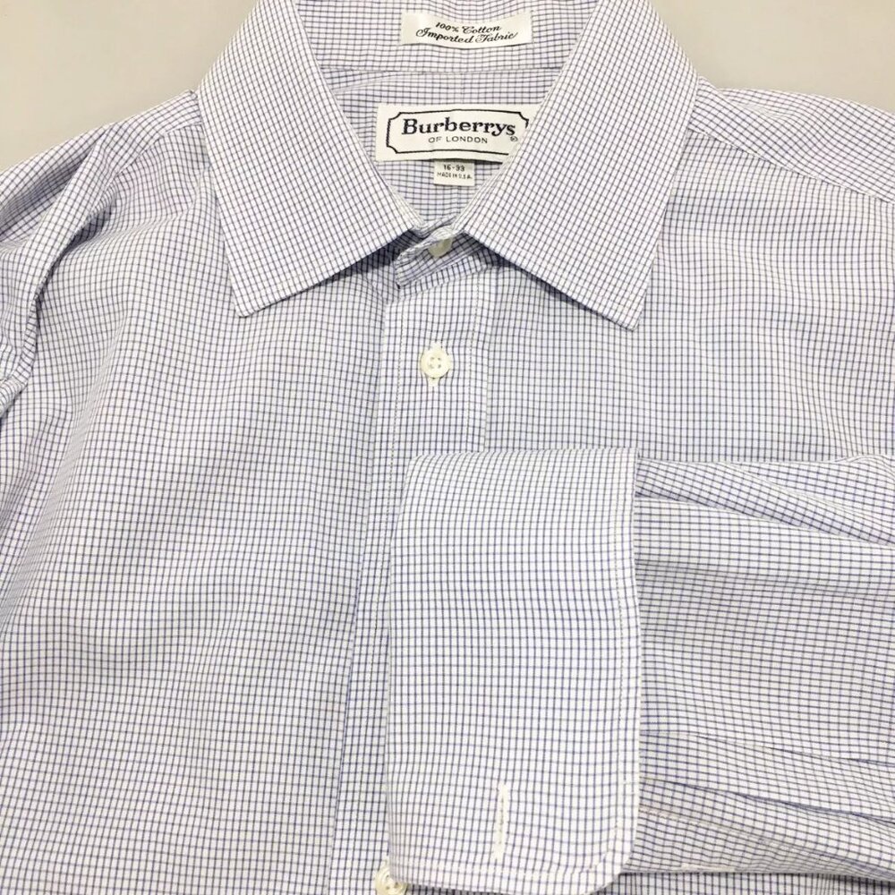 Burberrys London 16 - 33 Blue Check Long-Sleeve Cotton Shirt French Cuffs